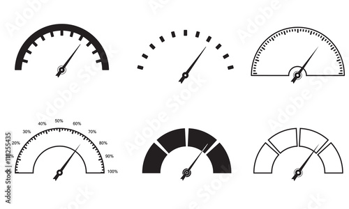 Speedometer and meter icon set in line style. Dashboard outline signs. Vector illustration.