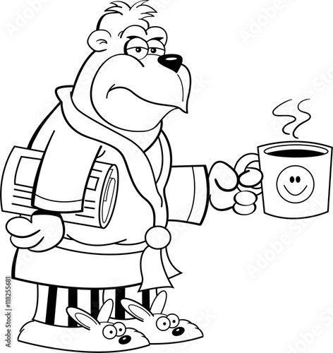 Black and white illustration of a grouchy gorilla in his bathrobe and holding a coffee cup.