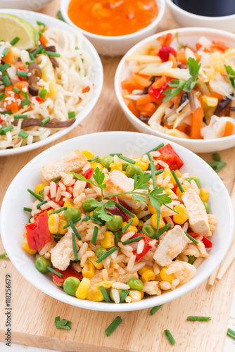 fried rice with tofu, noodles with vegetables and herbs