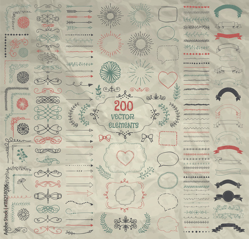 Big Set of Vector Decorative Hand Drawn Design Elements