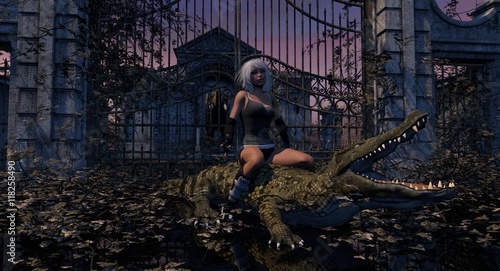 Sexy Female Character Sitting On A Crocodile 3D Rendering