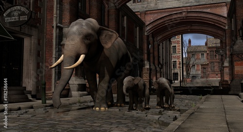 Elephants On The Streets Of Old World London 3D Rendering