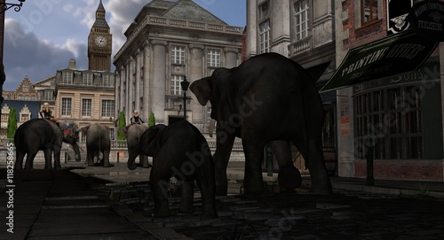 Elephants And Trainer On The Old World Streets of London 3D Rendering