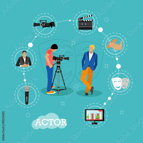 Movie shooting concept vector banners in flat style. Actor poses for camera man. Cinema design elements and icons