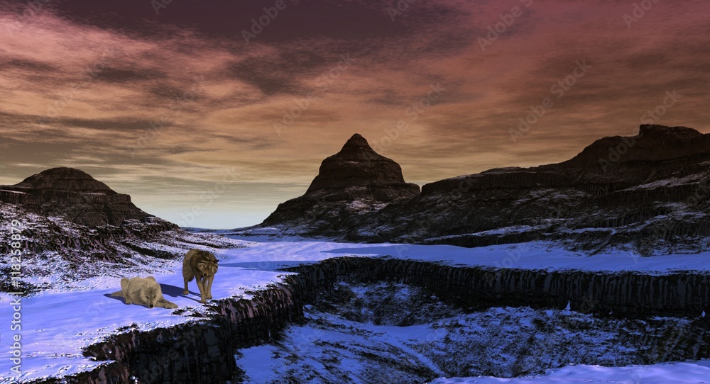 Wolf On A Rocky Mountain Plain 3D Rendering