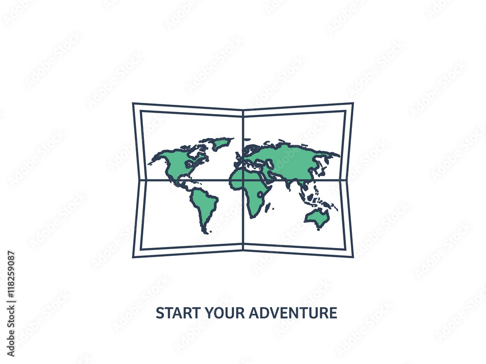World map in a flat style. Earth, globe. Navigation. Route and destination. Icon.Line art. Lined.