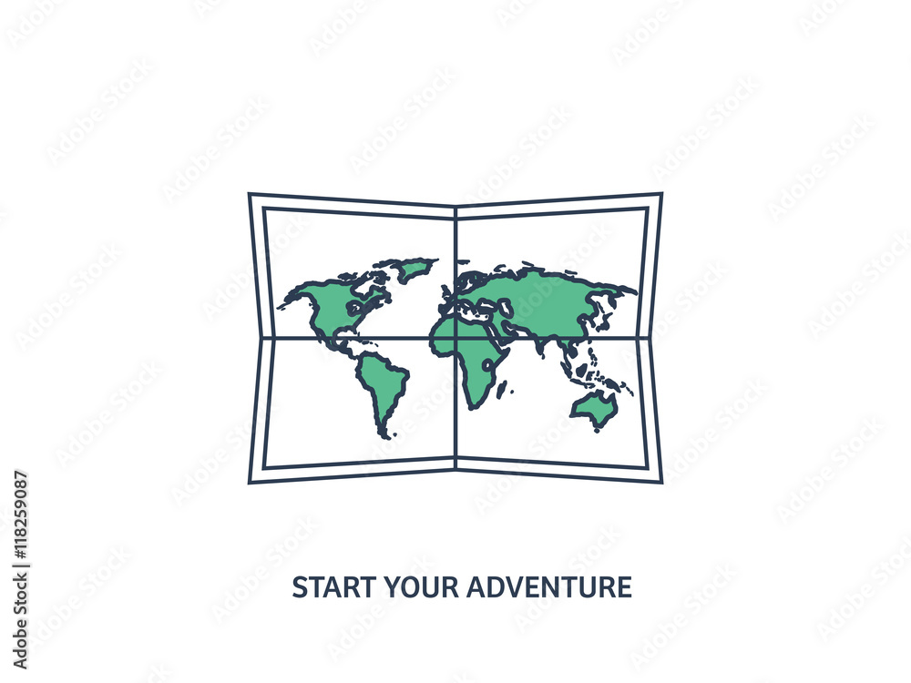 Fototapeta premium World map in a flat style. Earth, globe. Navigation. Route and destination. Icon.Line art. Lined.
