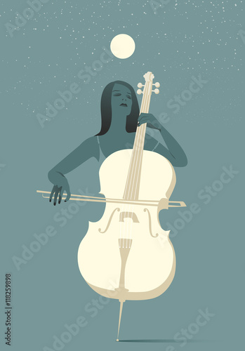 Woman playing cello under the moon and stars