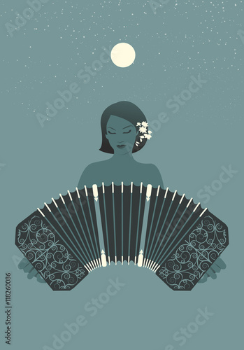 Woman playing bandoneon under the moon and stars