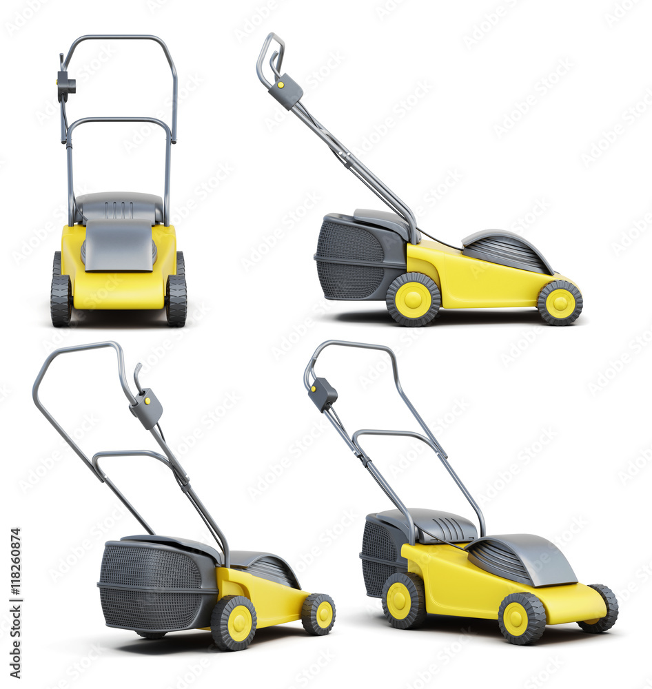 Set of lawn mower isolated on a white background. 3d render imag Set of lawn mower isolated on a white background. 3d render imag