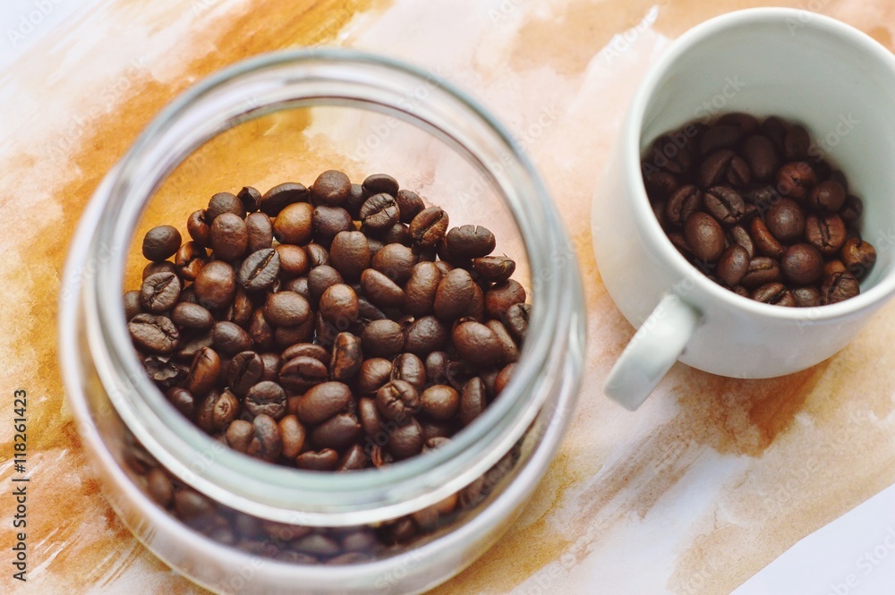 Fototapeta premium Coffee beans/Jar and cup coffee beans