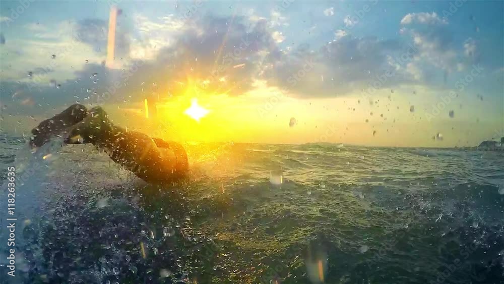 Sportsman Jump Sea Water at Sunset, SLOW MOTION HD Sportsman Jump Sea Water at Sunset, SLOW MOTION HD