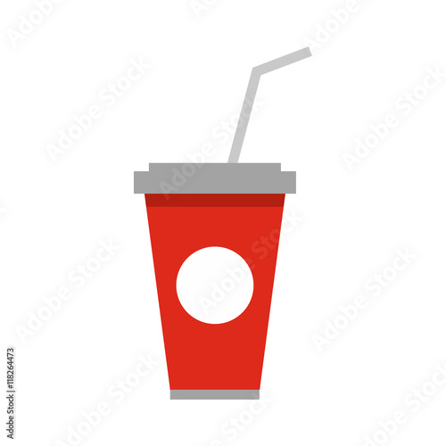 Soft drink in a red paper cup with lid and straw icon in flat style on a white background