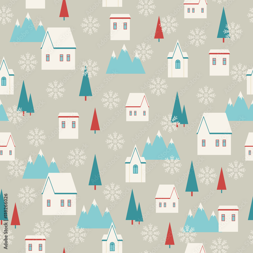 Snowy village retro seamless pattern