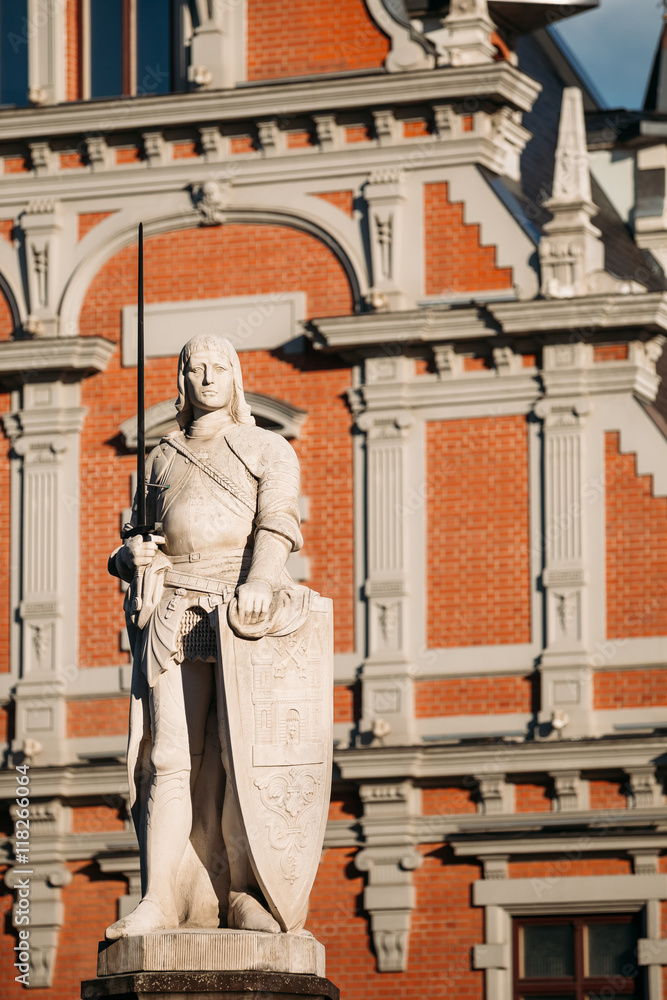 Statue Of Roland At The Town Hall In Riga, Latvia. Famous Landmark
