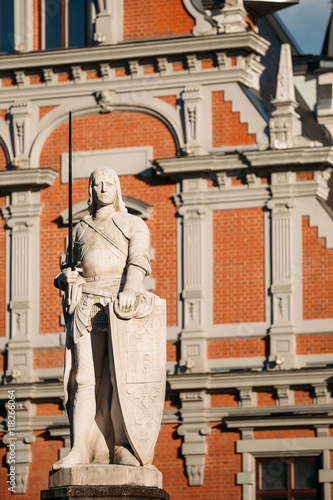 Statue Of Roland At The Town Hall In Riga, Latvia. Famous Landmark