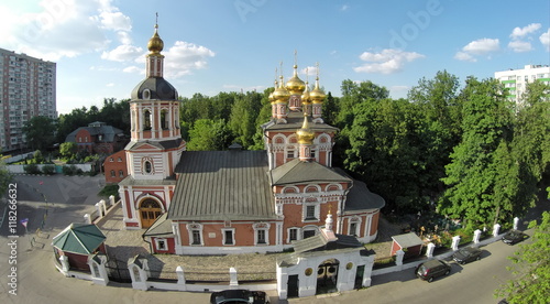 Church of Nativity in Izmailovo at spring sunny day. Aerial view.