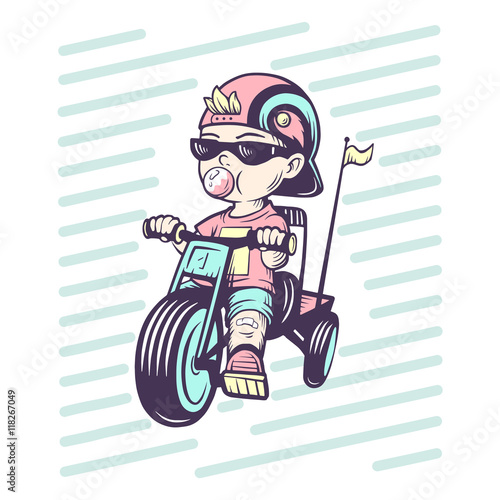 Cool little boy on bike with gum bubble. For kid's or baby's shirt design. Toddler in cap riding tricycle. Vector illustration for prints, logos, children products. Coolness.