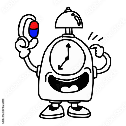 illustration vector hand drawn of a clock holding capsule and po