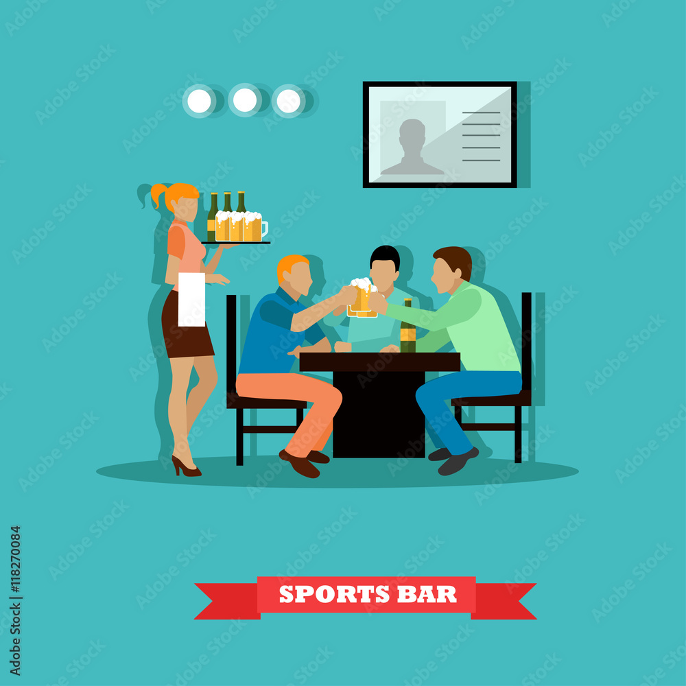 Friends drinking beer and watch a game in sport bar. Vector illustration poster flat style.