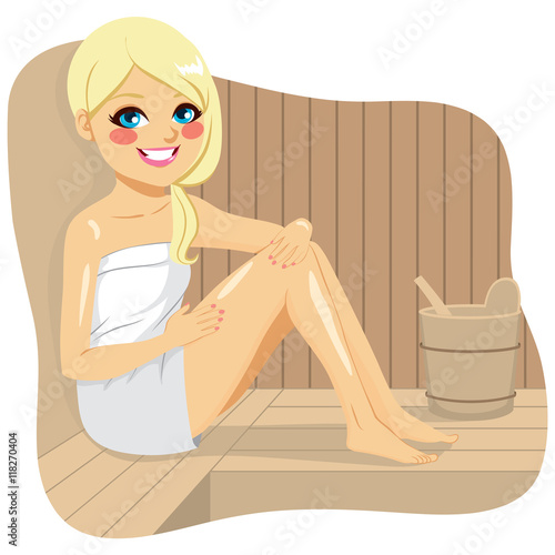 Young blonde woman relaxing having a steam bath on sauna
