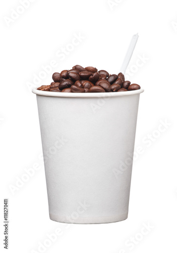cardboard disposable cup with coffee and spoon on white background