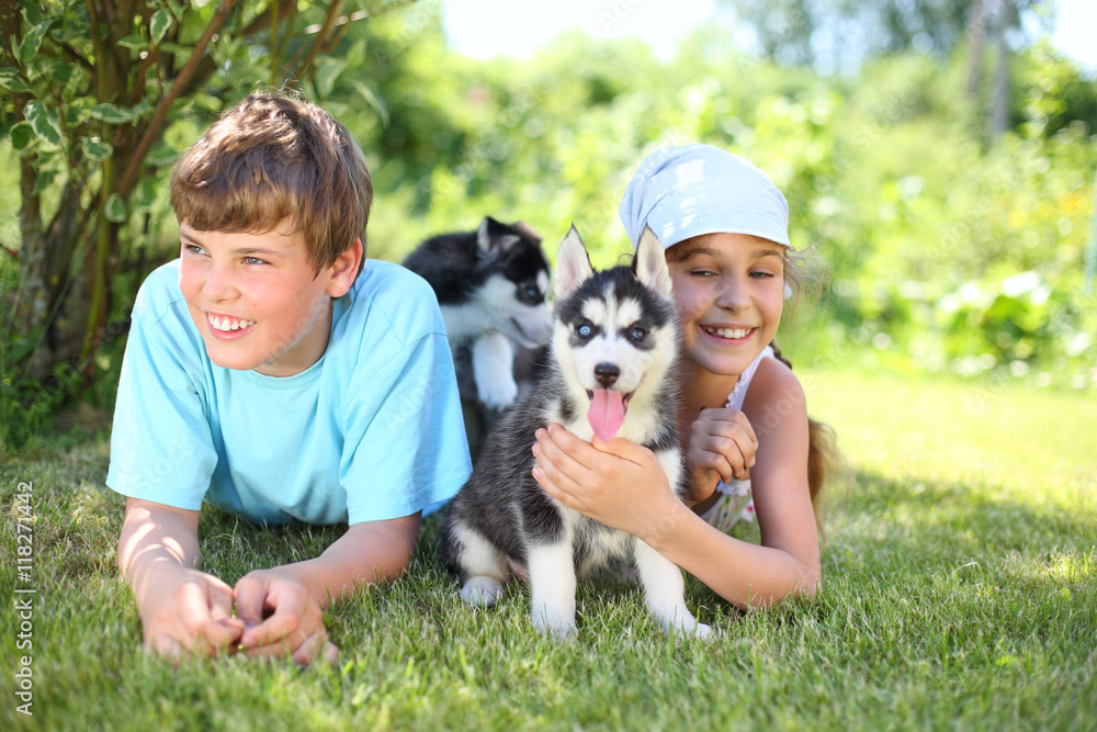 Happy boy and girl lying on the grass with two puppies husky Happy boy and girl lying on the grass with two puppies husky