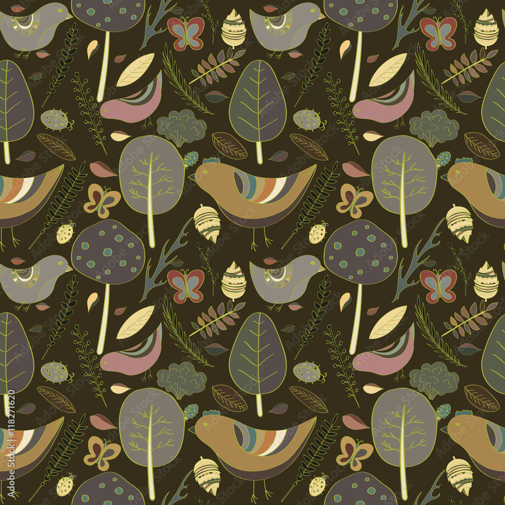 Naklejka premium Beautiful floral illustrations forest design elements seamless pattern. retro style background