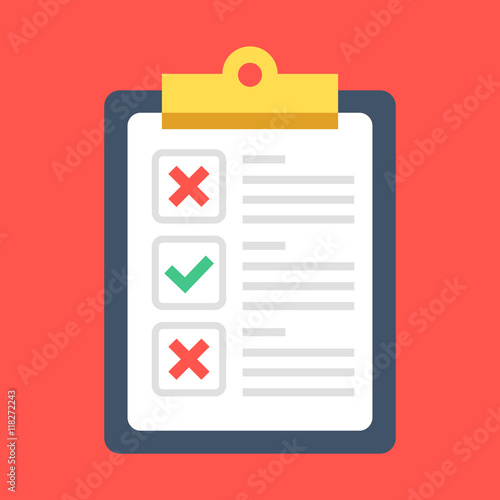 Vector clipboard with green tick and red crosses. Flat design clip board and check marks