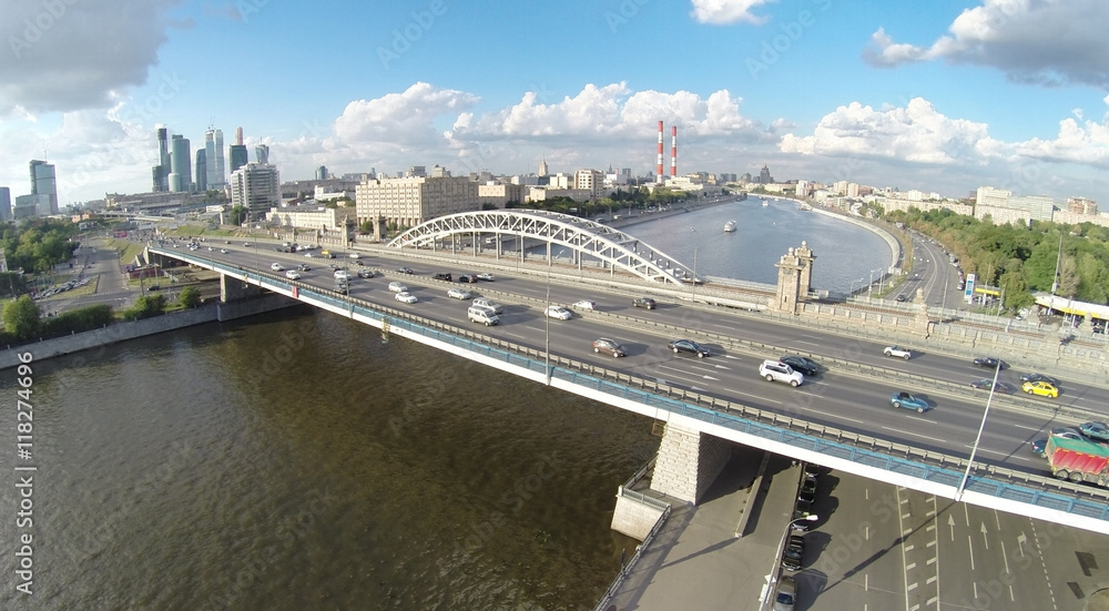 Berezhkovskii bridge and railway Krasnoluzhsky bridge over the Moscow river, aerial view