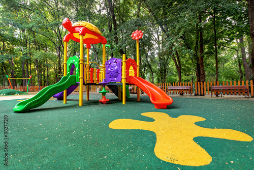 Children playground in the park. Colorful playground in public p