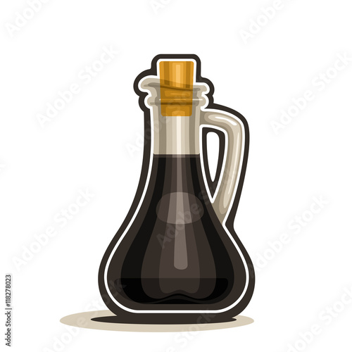 Vector logo glass decanter with handle filled soy sauce, cartoon cruet dark balsamic vinegar with cork wooden cap isolated on white background