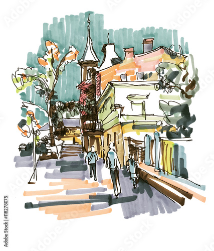original hand draw marker sketch of Kyiv building landscape