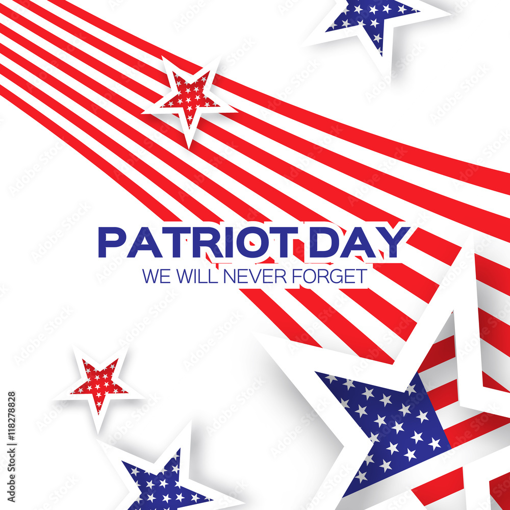 Origami Patriot Dayon white background with stars and stripes. Abstract american flag. We will never forget. September 11, 2001. Vector illustration. Poster Template.