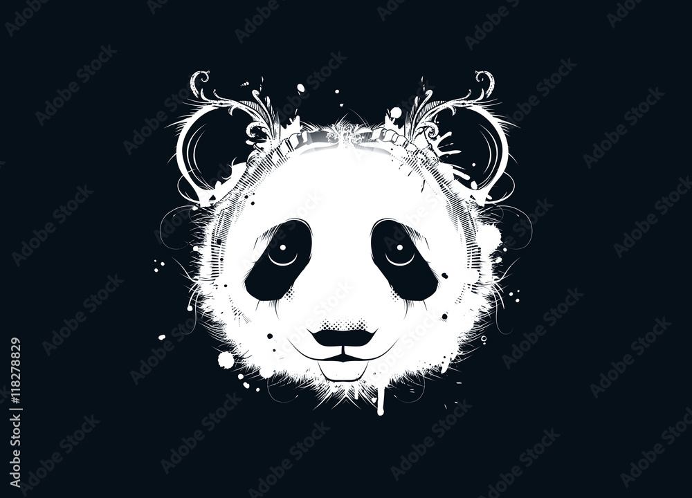 Fototapeta premium Ein Kopf eines Pandabären. ein weißer Panda Kopf auf schwarzen Hintergrund Großer Panda Kopf im Graffiti Stil mit floraler Verzierung