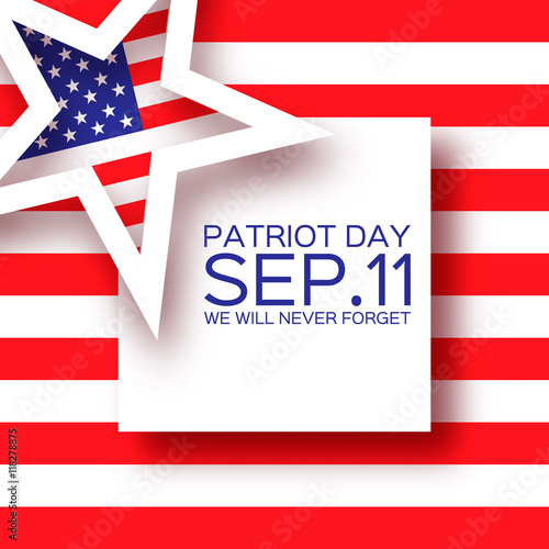 Origami Patriot Day background with star. We will never forget. Paper cut Poster Template. Abstract american flag background. September 11, 2001. Vector illustration 
