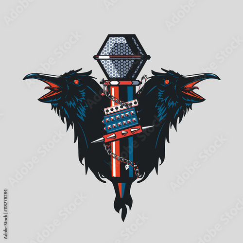 Birds with a microphone. Music illustration. Tattoo style. Rock poster