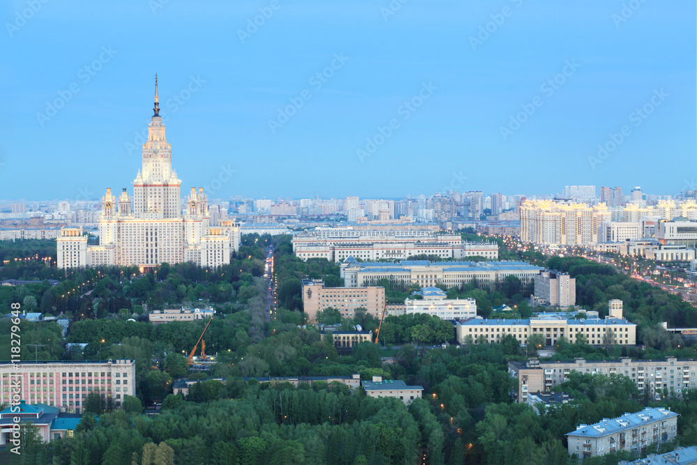 panoramic view of residential area of city with fireworks during celebration of Victory Day