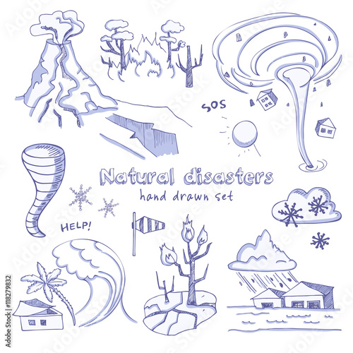 Set of doodle sketch Natural disasters