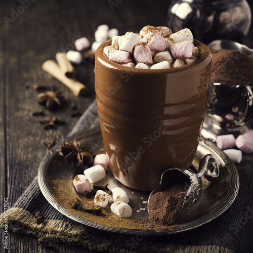 Cup of hot chocolate with mini marshmallows and winter spices on dark wooden background.