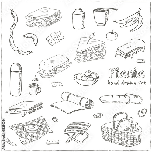 Summer picnic doodle set. Various meals, drinks, objects, sport activities. Vector illustration