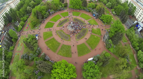 MGU square with many students celebrate Day of Physicist near monument of Lomonosov. Top view