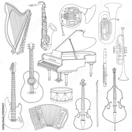 Hand drawn doodle, sketch musical instruments. Vector icons set