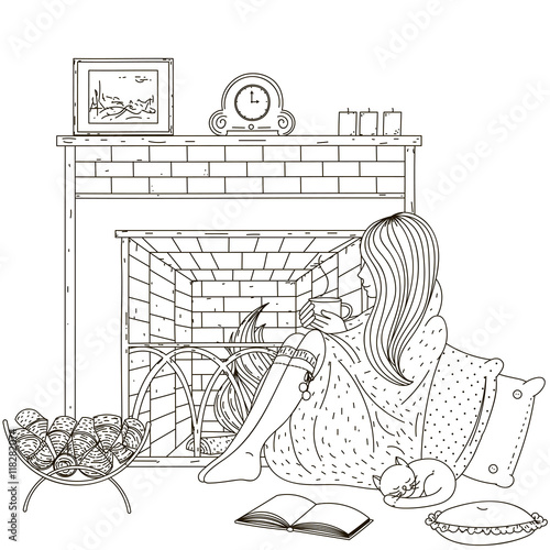 Sweet girl sitting by the fireplace with a cup in his hands. Vector illustration.
