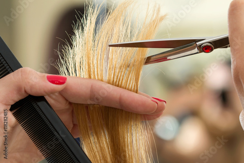 Close up view of female hairdresser hands cutting hair tips