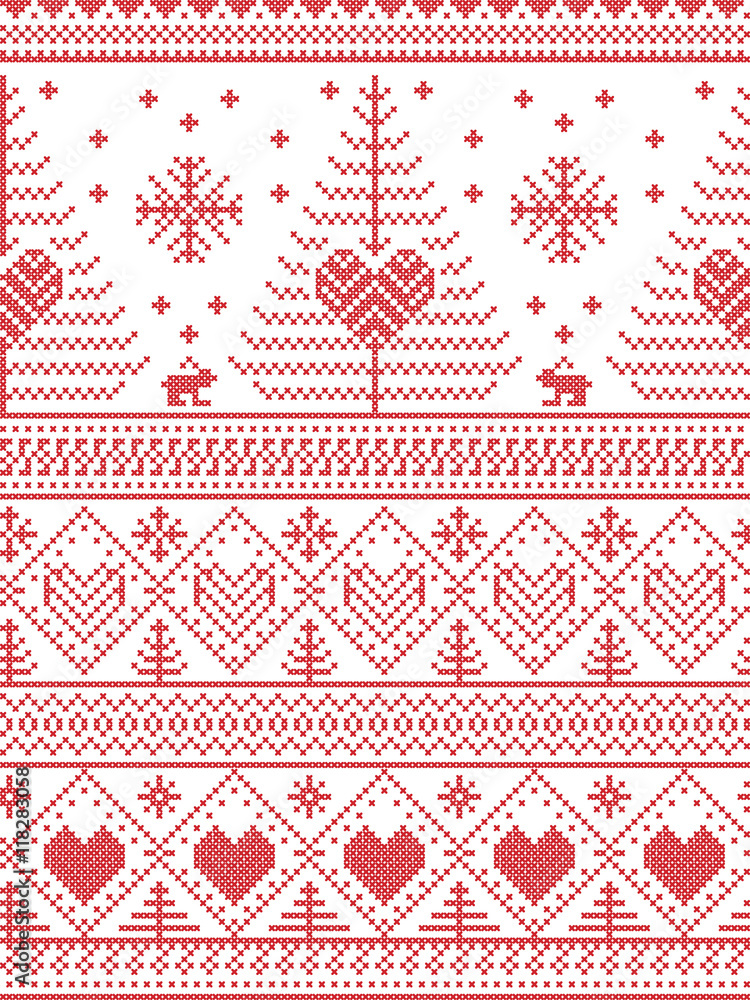 Scandinavian style inspired Christmas and festive winter seamless pattern in cross stitch style with Xmas trees , snowflakes, Rabbits, stars, hearts, decorative ornaments in red and white
Scandinavian style inspired Christmas and festive winter seamless pattern in cross stitch style with Xmas trees , snowflakes, Rabbits, stars, hearts, decorative ornaments in red and white