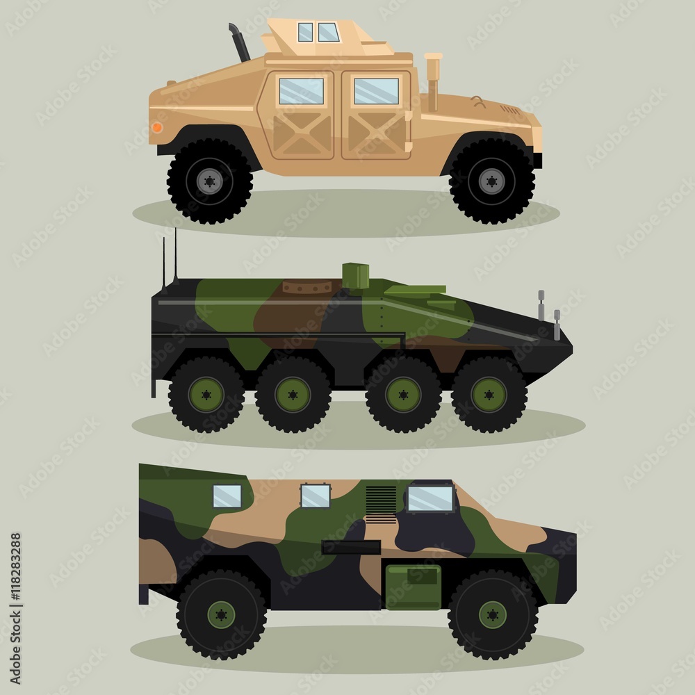 Military Vector Freight Vehicles image design set in different variations for your design, illustration needs.