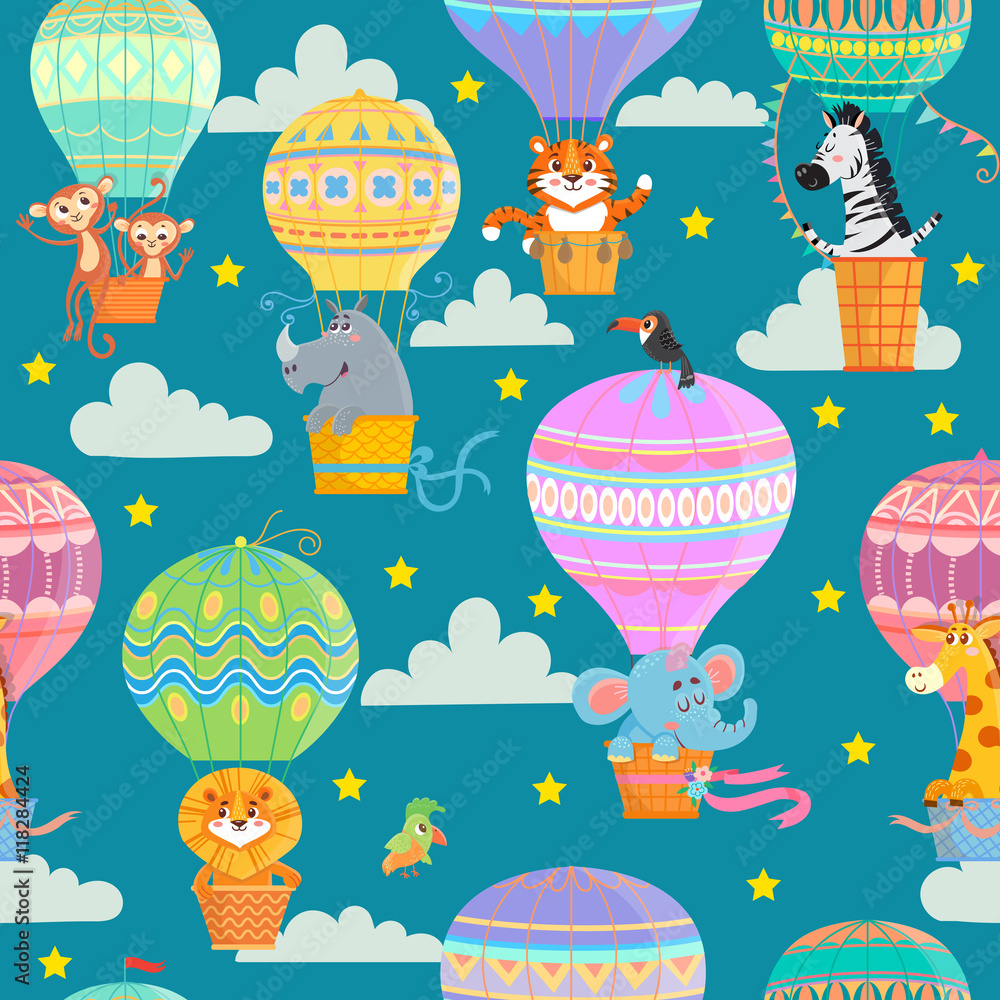 Naklejka premium Seamless pattern with colorful hot air balloons and animals. Vector illustration.