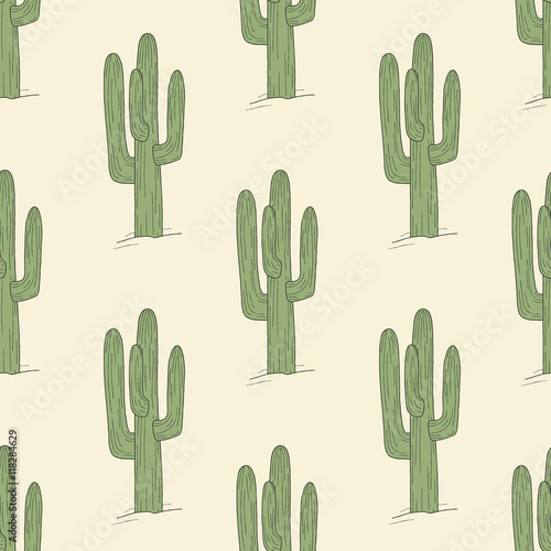 Vintage Colored Hand Drawn Seamless Pattern. Cute Cactuses on Yellow Background. Vector Illustration. Doodle Fashion Texture. Ready Swatch Included in File