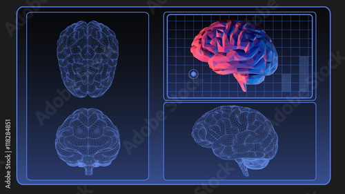 Brain wireframe graphic on monitor screen